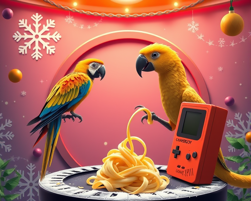 parrot, banana, slot machine, bird, snowflake, noodle, trampoline, circle, dragon, plate, gameboy